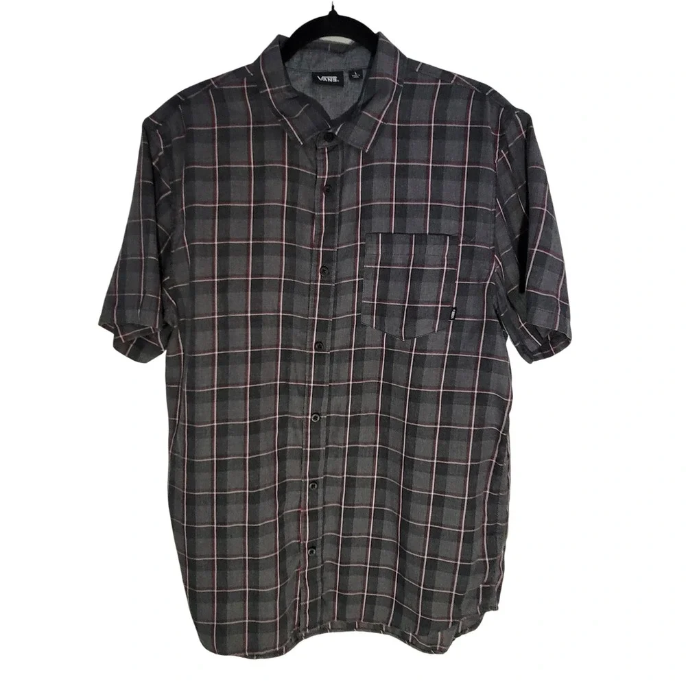 Vans Button Down Shirt Mens Large Grey Red Plaid Short Sleeve Skater Woven Top